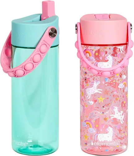 Vista 16 de Elemental Botellas de agua para niños – Botella de agua para niños Splash para la escuela con mango Pop-it – Botella de agua de plástico Tritan sin