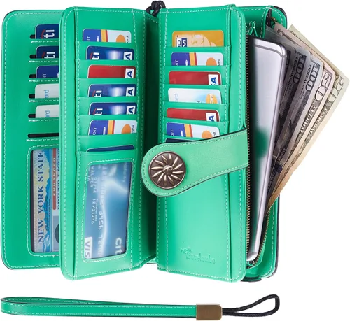 Vista 2 de Travelambo Cartera para mujer, de gran capacidad, con bloqueo RFID, de piel auténtica, cartera