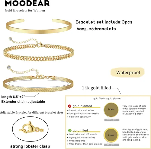 Vista 6 de Moodear Pulsera de oro para mujer, juego de pulseras de oro real de 14 quilates para mujer, pulsera de cadena de serpiente delicada, pulsera