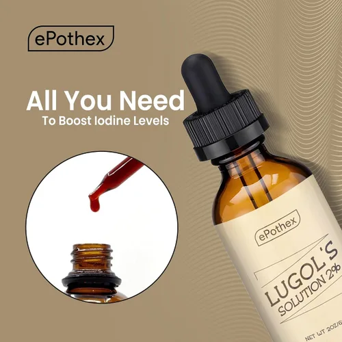 Vista 2 de EPOTHEX Lugol's Solution - Botella con cuentagotas de vidrio al 2 % de 2 oz. Contiene yoduro de potasio y yodo, 2.0 fl oz