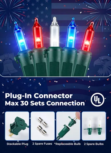 Vista 5 de Minetom Tira de luces LED de Navidad, color rojo, blanco y azul, 100 unidades, 20 pies, decoración del 4 de julio, decoración del día