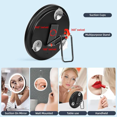 Vista 4 de Espejo de aumento recargable de 6 pulgadas iluminado 10x con ventosas y soporte de mesa 10x - negro
