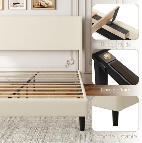Vista 6 de Sismplly Base de cama matrimonial con cabecera con respaldo de ala, cama de plataforma tapizada de terciopelo, listones de madera fuertes, Beige
