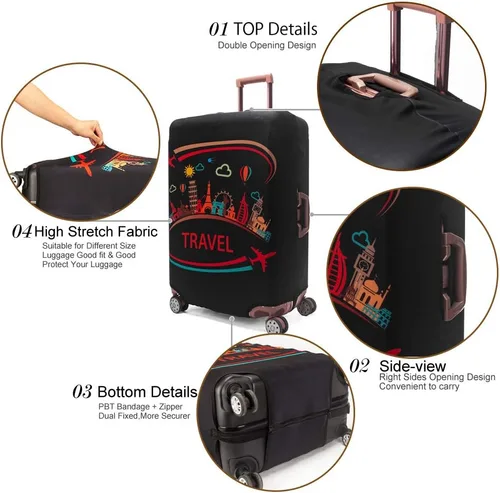Vista 5 de Madifennina Funda protectora de equipaje de viaje de elastano para equipaje de 23 a 32 pulgadas, Negro-viaje
