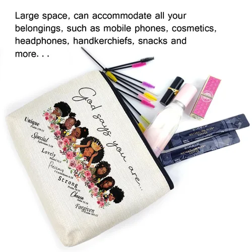 Vista 7 de LANBAIHE Bolsa de maquillaje cosmética especial afroamericana con texto en inglés "God Says You are One", regalo inspirador para amigas, hermanas