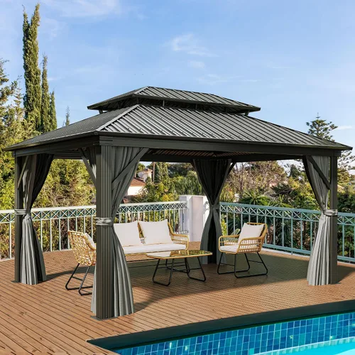 Vista 19 de YITAHOME Cenador de techo duro de 10x10 pies con redes y cortinas, acero galvanizado de doble techo resistente combinado con techo de rayas Gris
