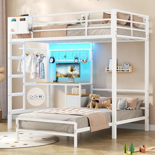 Vista 10 de DICTAC Litera de tamaño matrimonial sobre cama individual con escritorio y estación de carga, litera de metal tamaño matrimonial sobre individual
