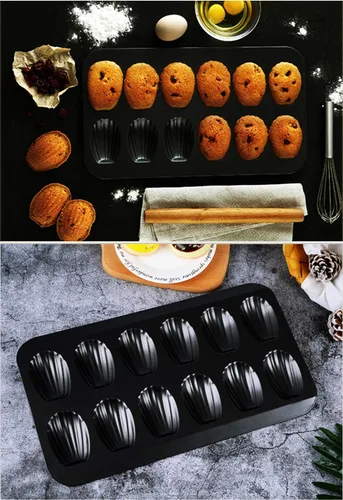 Vista 5 de Molde antiadherente para tartas de hornear con forma de concha de alta resistencia para 12 tazas (negro)