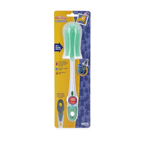 Vista 3 de Nuby Botella de cerdas de silicona suave antiarañazos y cepillo para pezones con mango en bucle, aguamarina