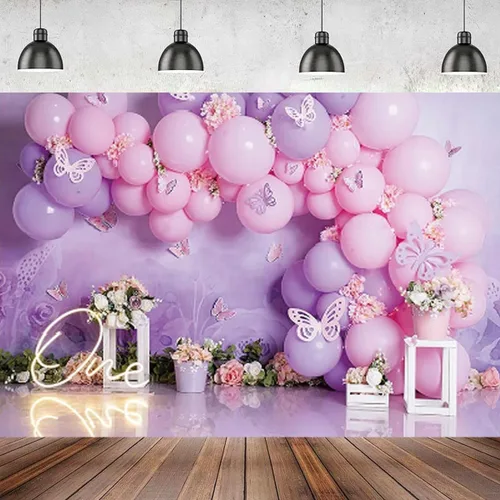 Vista 2 de Fondo de fotografía para fiesta de cumpleaños de niña, globos rosas y morados, mariposa, país de las maravillas, baby shower, flores, fondo