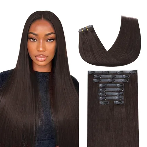 Vista 52 de Lashey Extensiones de cabello humano con clip, sin costuras, #1, color negro azabache, extensiones de cabello humano real, extensiones de cabello