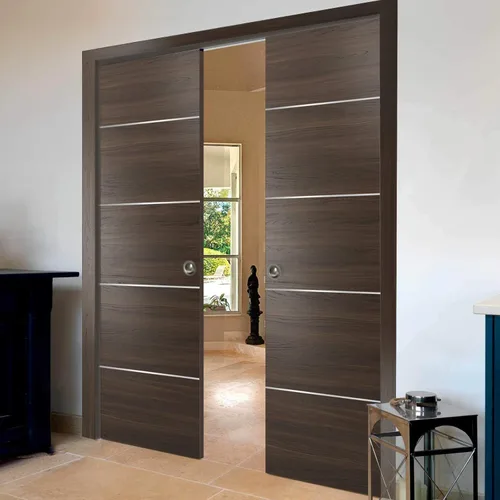 Vista 4 de Panel de madera marrón de 18 x 80 pulgadas Planum 0020 ceniza de chocolate Uso como puerta corredera de armario Resistente núcleo sólido rayas