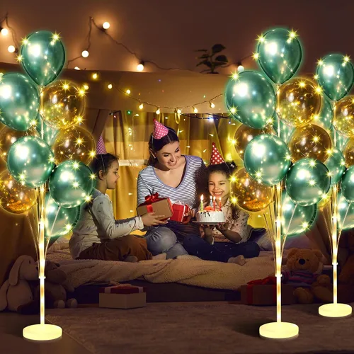 Vista 5 de Wettarn - Juego de 4 soportes para globos para suelo con luz LED, dorado y Oro y verde