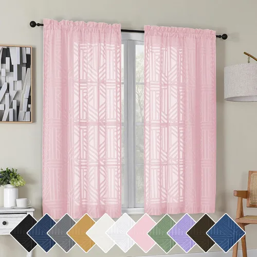 Vista 75 de Simplebrand Cortinas traslúcidas negras de cocina de 24 pulgadas de largo, 2 paneles, filtrado de luz, geométrico jacquard con textura, cortinas