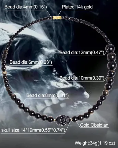 Vista 2 de XHUUU Gargantillas de calavera con cuentas de obsidiana negra, para mujeres y hombres, cristales de piedras preciosas y piedras curativas, collar
