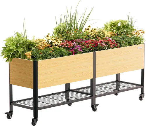 Vista 12 de Cama de jardín elevada con ruedas, macetas elevadas de grano de madera de metal de 2 x 4 pies con patas y estante de almacenamiento para patio