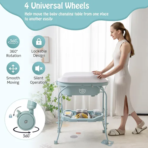 Vista 4 de BABY JOY Bañera para bebé con cambiador, estación plegable para cambiar pañales con bandeja de almacenamiento, almohadilla impermeable, organizador