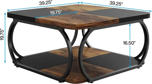 Vista 3 de LITTLE TREE Mesa auxiliar de 40 pulgadas con estante de almacenamiento, mesa de centro cuadrada baja de 2 niveles con mesa de madera de granja