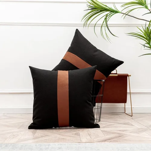 Vista 6 de Juego de 2 fundas de almohada negras y marrones de 18 x 18 pulgadas, fundas de almohadas modernas con rayas estilo granja para sofá, sala de estar