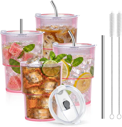 Vista 19 de 2 vasos de plástico de 15 onzas con tapas y pajita, tazas de plástico reutilizables para café helado, a prueba de fugas, vasos de viaje para café