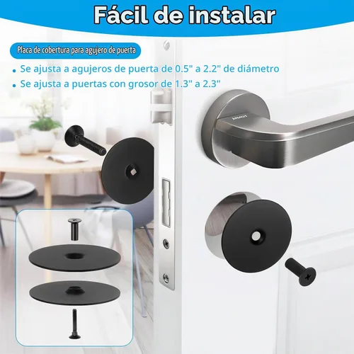 Vista 4 de Placa Premium de Acero Inoxidable para Cubrir Agujero de Puerta - Tapa de Cerrojo de Seguridad de 2-5/8 de Diámetro con Tornillos para Mayor Negro