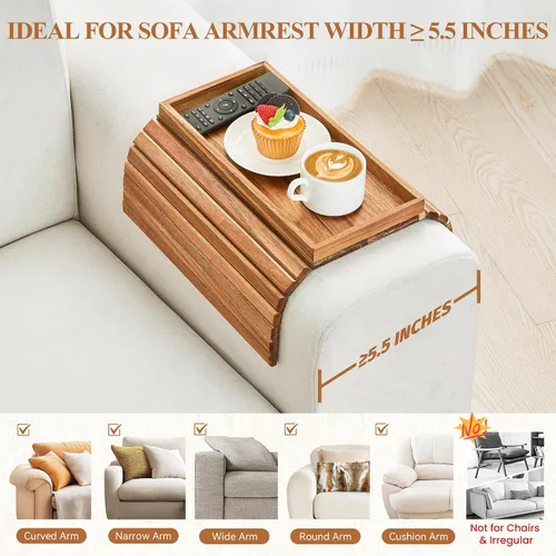 Vista 5 de GEHE Bandeja de madera de acacia para sofá, mesa auxiliar plegable para el brazo del sofá, mesa auxiliar con reposabrazos anticaídas, soporte