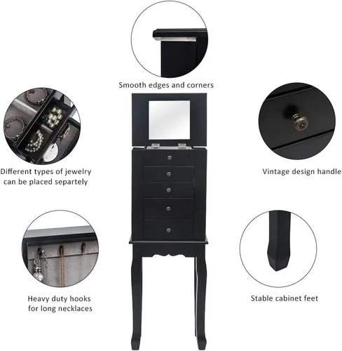 Vista 7 de Karl home Armario de joyería negro con espejo abatible superior y organizador de almacenamiento gabinete de joyería de pie con 5 cajones de franela