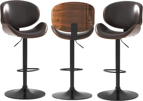 Vista 22 de Juego de 2 taburetes de bar giratorios ajustables, modernos taburetes de bar de madera curvada con base de metal grande y reposapiés, silla de bar