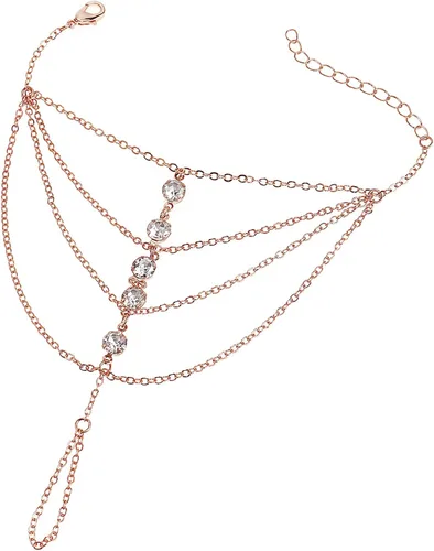 Vista 24 de Suyi Pulsera de anillo de dedo, arnés de mano, pulsera de cadena de diamantes de imitación, regalos para mujeres 2 piezas oro