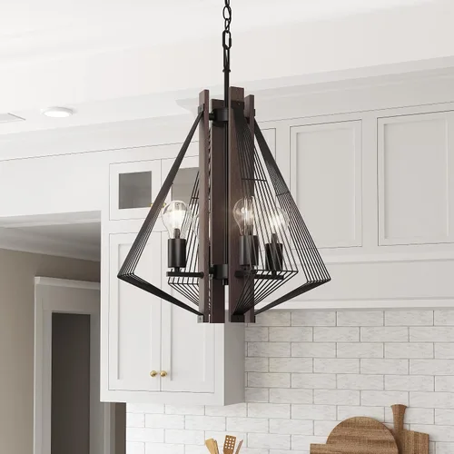 Vista 2 de Zenith - Lámpara colgante de 4 luces de madera y marco de metal moderno Pendat - Negro y madera