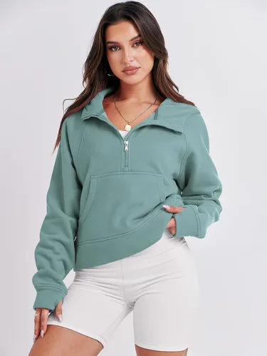 Vista 2 de Prinbara Sudaderas con capucha corta con media cremallera para mujer, sudadera de forro polar con cremallera de un cuarto, ropa de otoño