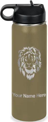 Vista 42 de LaserGram Botella de agua personalizada, cabeza de león, acero inoxidable de doble pared aislada al vacío con popote superior, regalo grabado