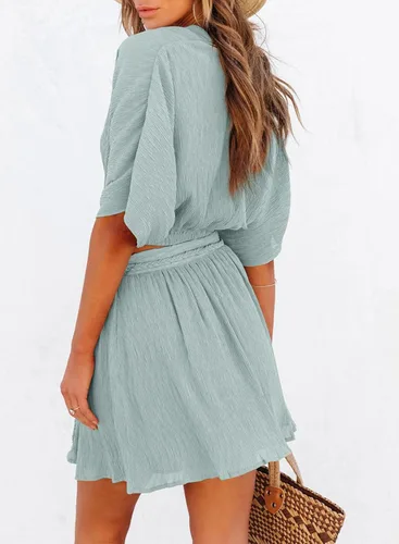 Vista 4 de Dokotoo Trajes de vacaciones para mujer, cuello en V, manga de murciélago, falda con abertura lateral, conjuntos de falda fluida para mujer, trajes