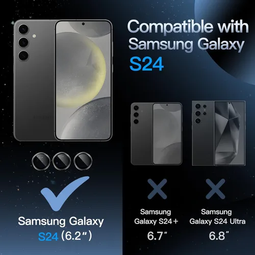 Vista 2 de JETech Protector de lente de cámara para Samsung Galaxy S24, negro ónix, 1 juego Vidrio templado 9H, cubierta de anillo individual de metal