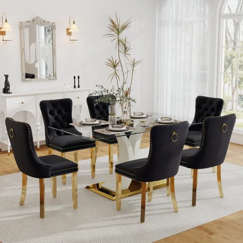Vista 21 de Juego de comedor de cristal moderno de lujo de 7 piezas, juego de cena rectangular minimalista grande para 6, mesa de cocina de cristal transparente