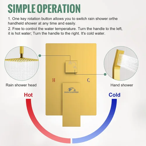 Vista 7 de SunCleanse juego de grifos con regadera tipo lluvia en oro cepillado, juego combinado para baño con cabezal de alta presión de 25.4 cm con válvulas