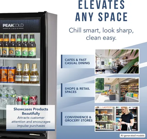 Vista 5 de PEAKCOLD + Refrigerador vertical de 1 puerta - Refrigerador comercial negro de 9.4 pies cúbicos de bajo consumo con puerta de vidrio