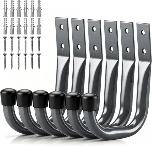 Vista 11 de HORUSDY 6-Pack Heavy Duty Metal Wall Hooks, Large Garage Storage & Organization Hooks for Tools, Extension Cords, Ladders, and Bags, Wall Mount J