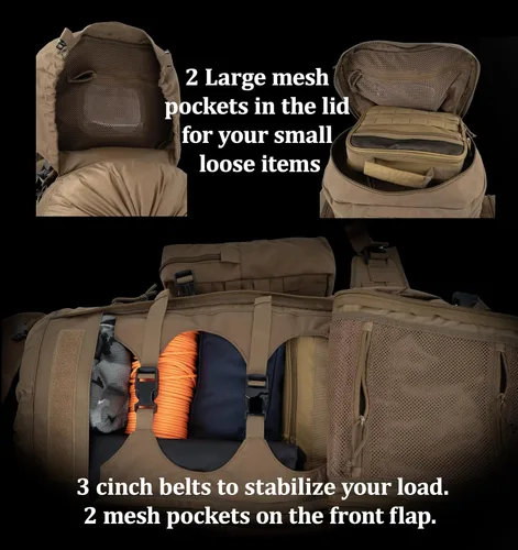 Vista 3 de Mochila táctica 75L con marco interno, MOLLE y sistema de hidratación En Camo
