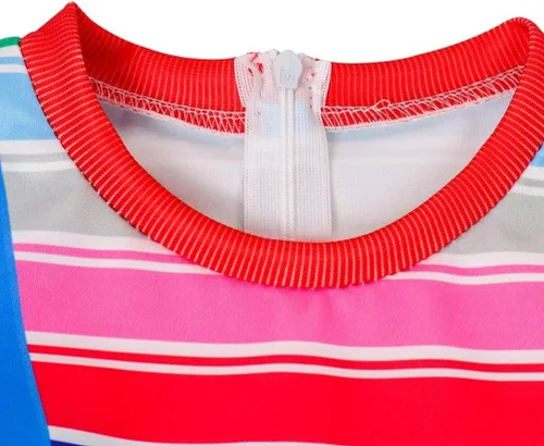 Vista 6 de Disfraz de Chucky Cosplay para niños y niñas, traje de tirantes con arcoíris