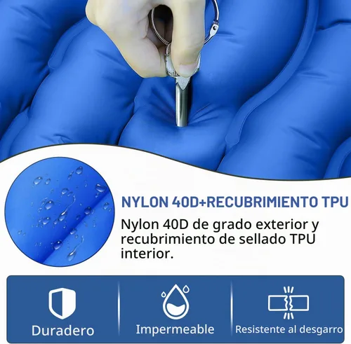 Vista 3 de FUN PAC Almohadilla de dormir para acampar con almohada Bomba de pie incorporada Esterilla de dormir inflable compacta para acampar mochilero Azul