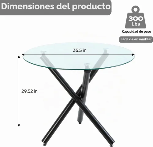 Vista 2 de Mesa de comedor redonda de vidrio para 2-3, parte superior de vidrio templado moderna, patas cromadas resistentes, almohadillas ajustables