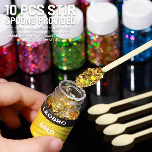 Vista 8 de LEOBRO Purpurina holográfica gruesa – 15 colores para manualidades de resina, uñas, cuerpo y joyería – con 10 cucharas mezcladoras