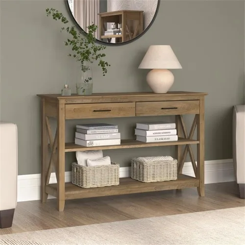 Vista 2 de Bush Home Key West - Mesa consola con cajones y estantes en pino recuperado, solución de almacenamiento para sala de estar con estantería