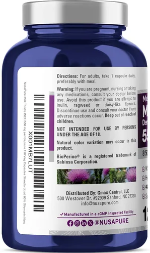 Vista 3 de NusaPure Cápsulas de cardo mariano, 550 mg, 120 cápsulas vegetales (sin OMG, veganas)