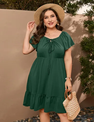 Vista 5 de ShopWonder Vestidos hawaianos de talla grande para mujer, vestido de cuello cuadrado, manga corta, casual, acampanado, vestido de verano
