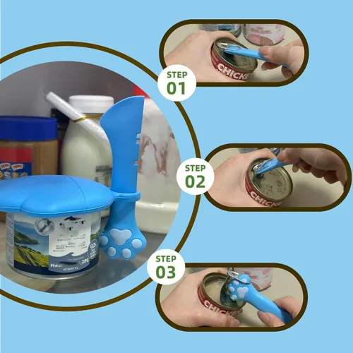 Vista 3 de Cuchara para latas de comida para gatos y 3 tapas de latas, bonitas fundas con forma de pata y abridor para alimentos húmedos, silicona universal
