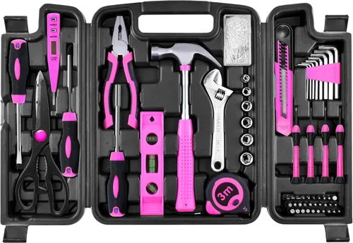 Vista 8 de Juego de herramientas rosa, juego de 130 piezas para el hogar para mujeres con destornillador recargable inalámbrico de 3.6V, juego básico