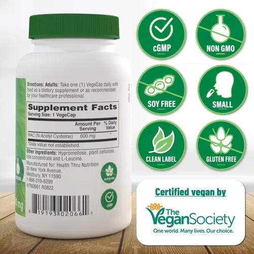 Vista 3 de Health Thru Nutrition NAC N-acetil-cisteína 600 mg 60 cápsulas Certificado vegano El suplemento NAC más puro Apoya la salud pulmonar