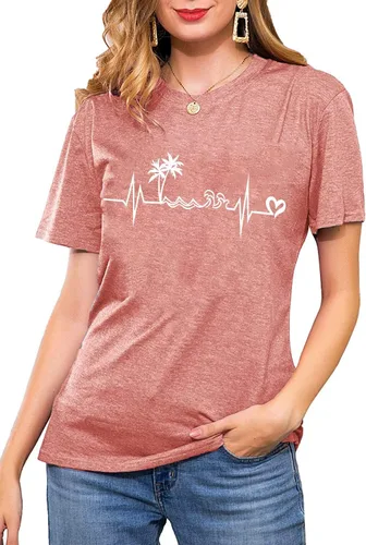 Vista 4 de Camiseta de manga corta con estampado de corazón para mujer, camiseta con estampado de corazón y estampado de corazón